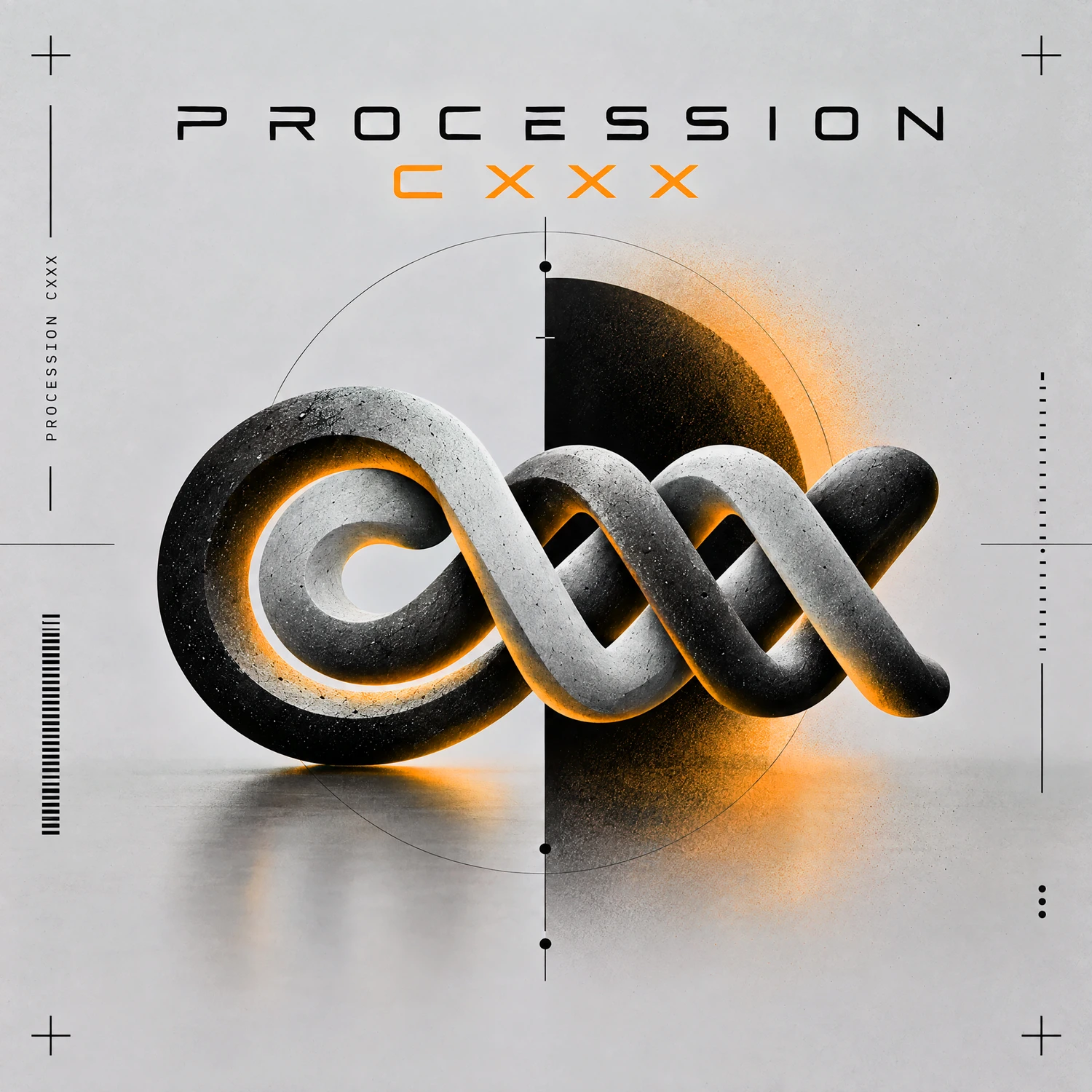 Procession CXXX album cover, with a metallic interwoven CXXX sculpture and warm gold light on a pale background.